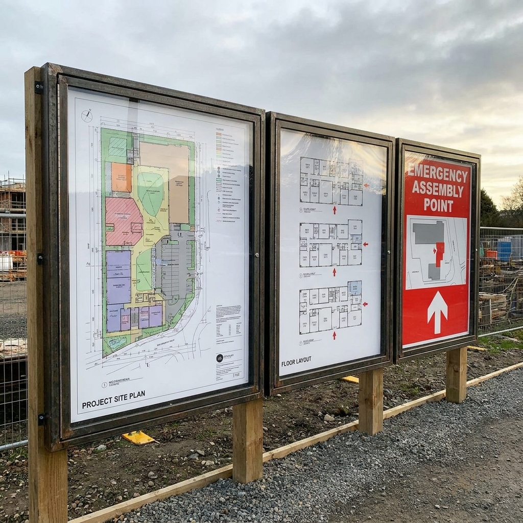 Weatherproof site plan and schematic boards for construction project display