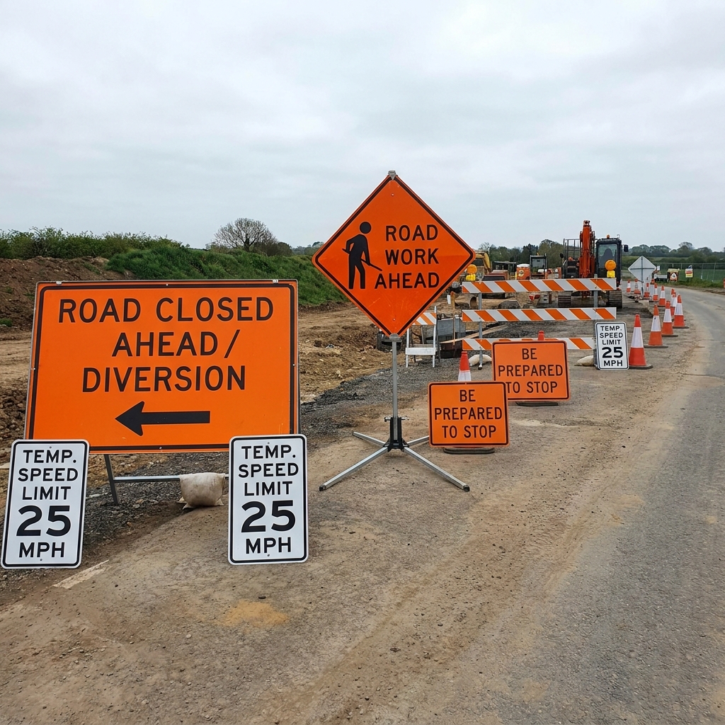 Traffic management signage and directional boards for construction site safety
