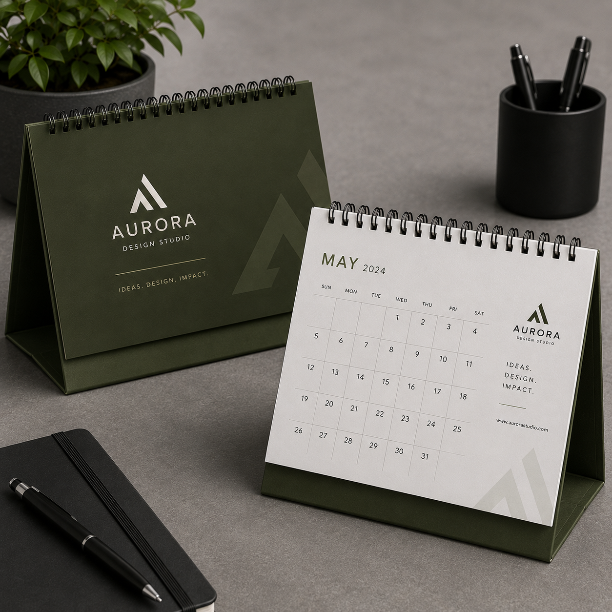 Branded 12-month desk calendars with custom design to promote your company year-round
