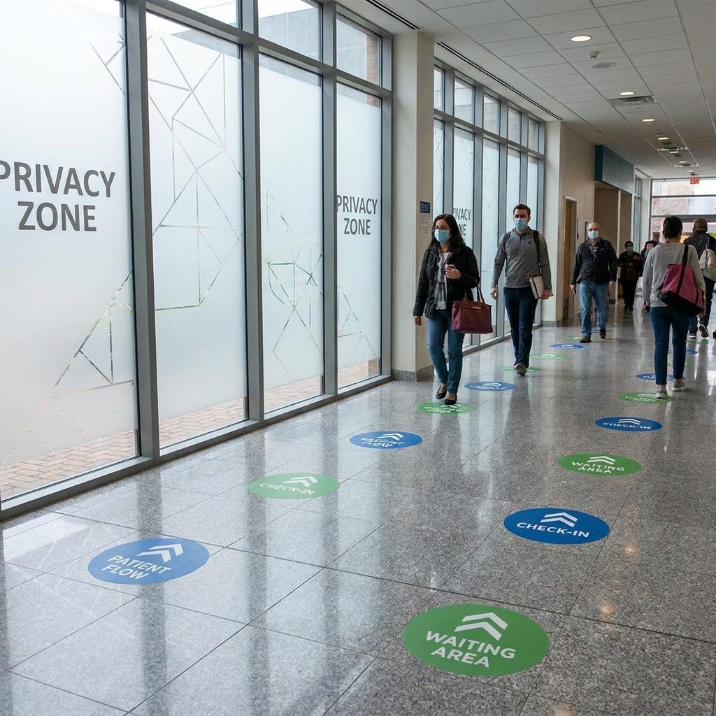 Anti-slip floor decals for patient flow management and frosted window privacy graphics for hospital corridors