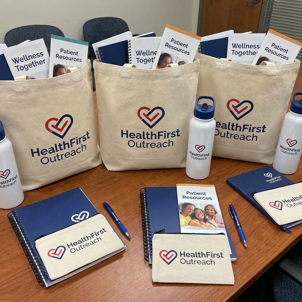 Branded patient gifting kits with tote bags, health diaries and awareness brochures for outreach programmes