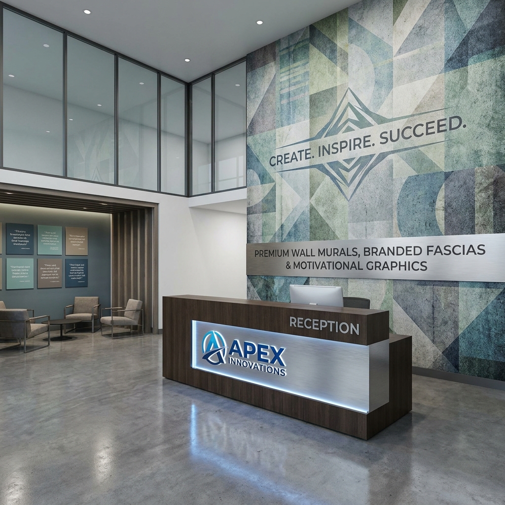 Premium reception wall murals, branded fascias and motivational graphics for hospital lobbies and clinics