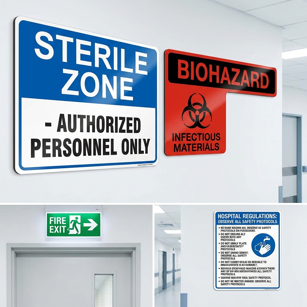 Hospital safety and compliance signage for sterile zones, biohazard areas and emergency exits