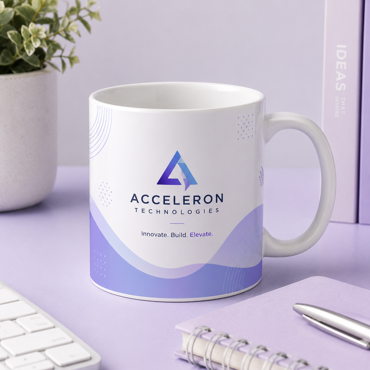 Custom branded ceramic and travel coffee mugs printed with company logo for corporate gifting and events