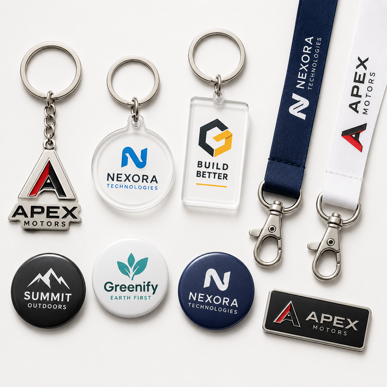 Branded metal and acrylic keychains, enamel badges and custom lanyards for corporate merchandise