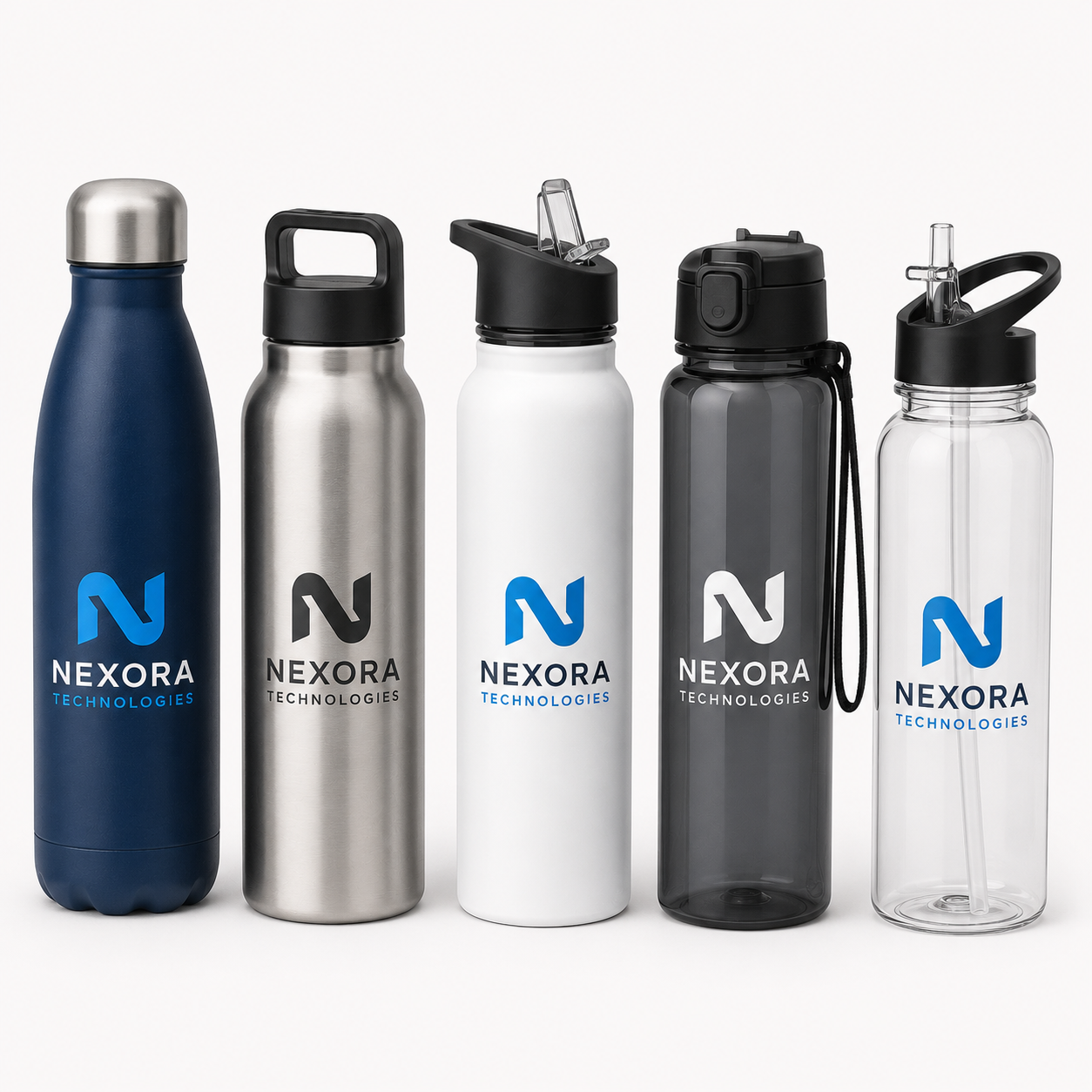 Custom branded stainless steel and aluminium water bottles with company logo for corporate gifts