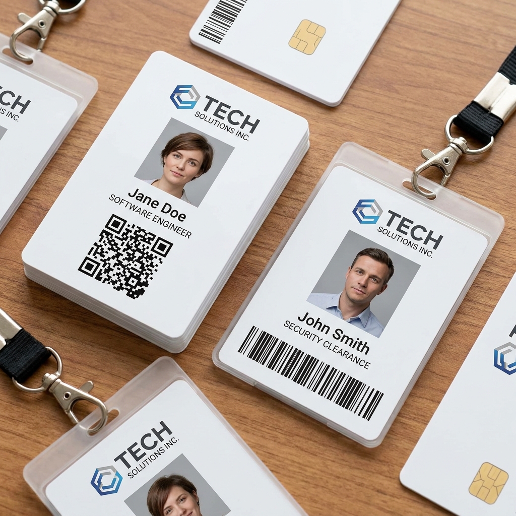 Employee ID cards and access passes with photo, barcode and corporate branding