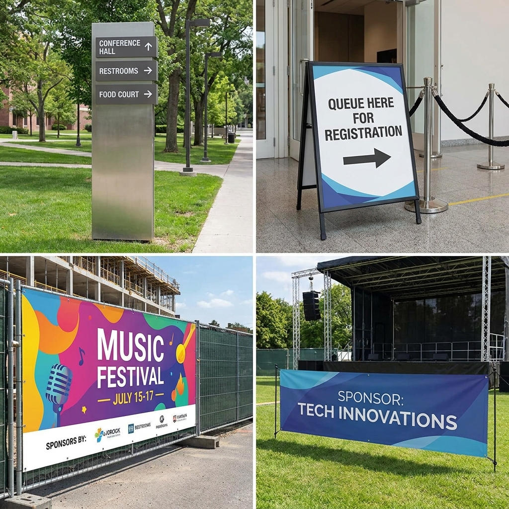Directional and venue signage for event navigation and guest flow management