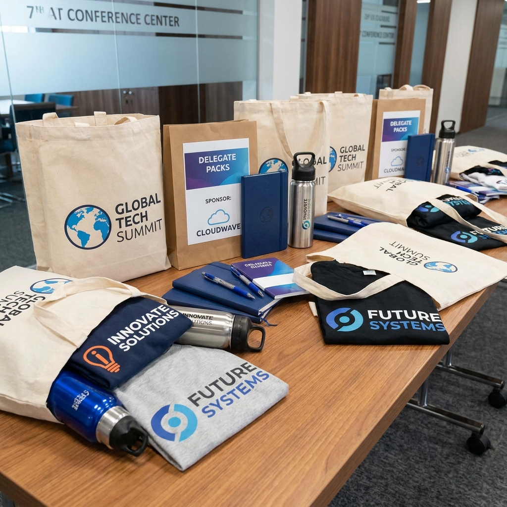 Branded event giveaway kits and merchandise bags for conferences and trade shows