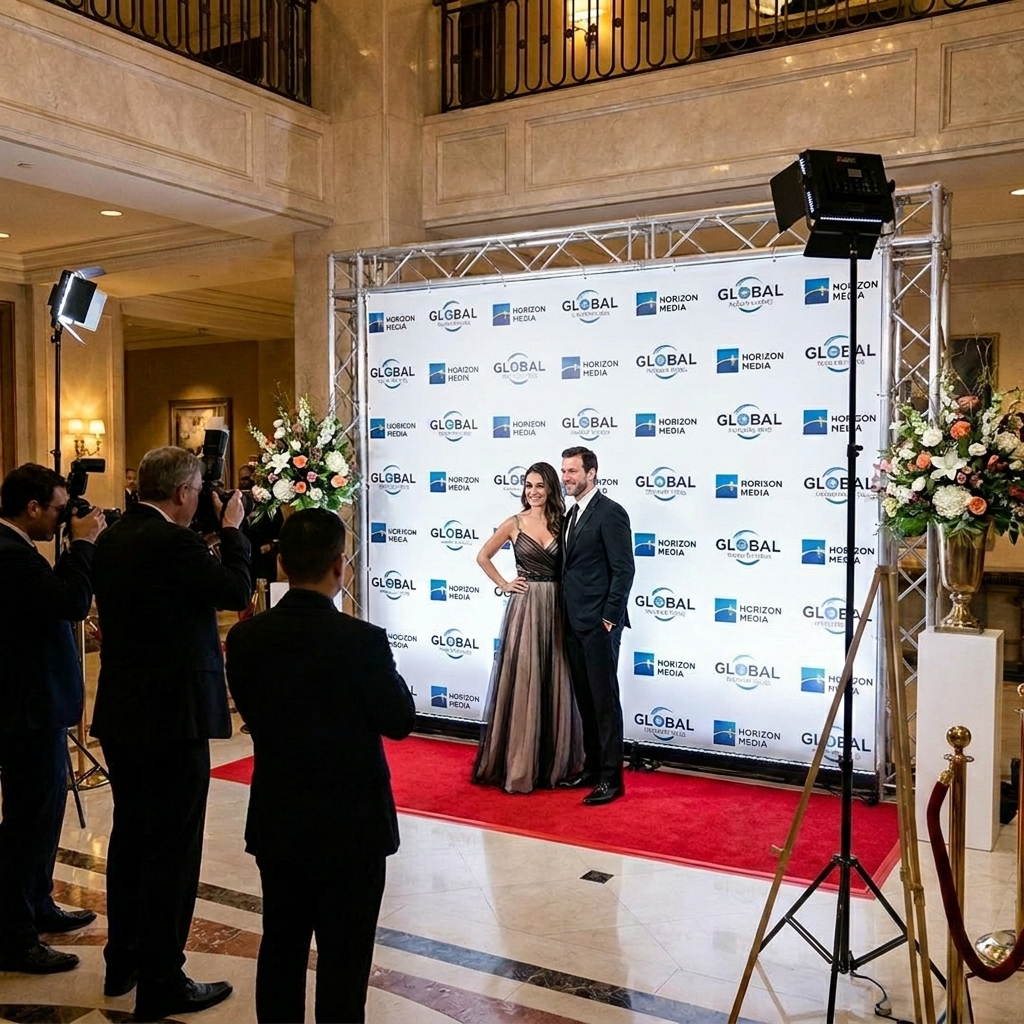Custom printed photo backdrops and step-and-repeat press walls for events and product launches