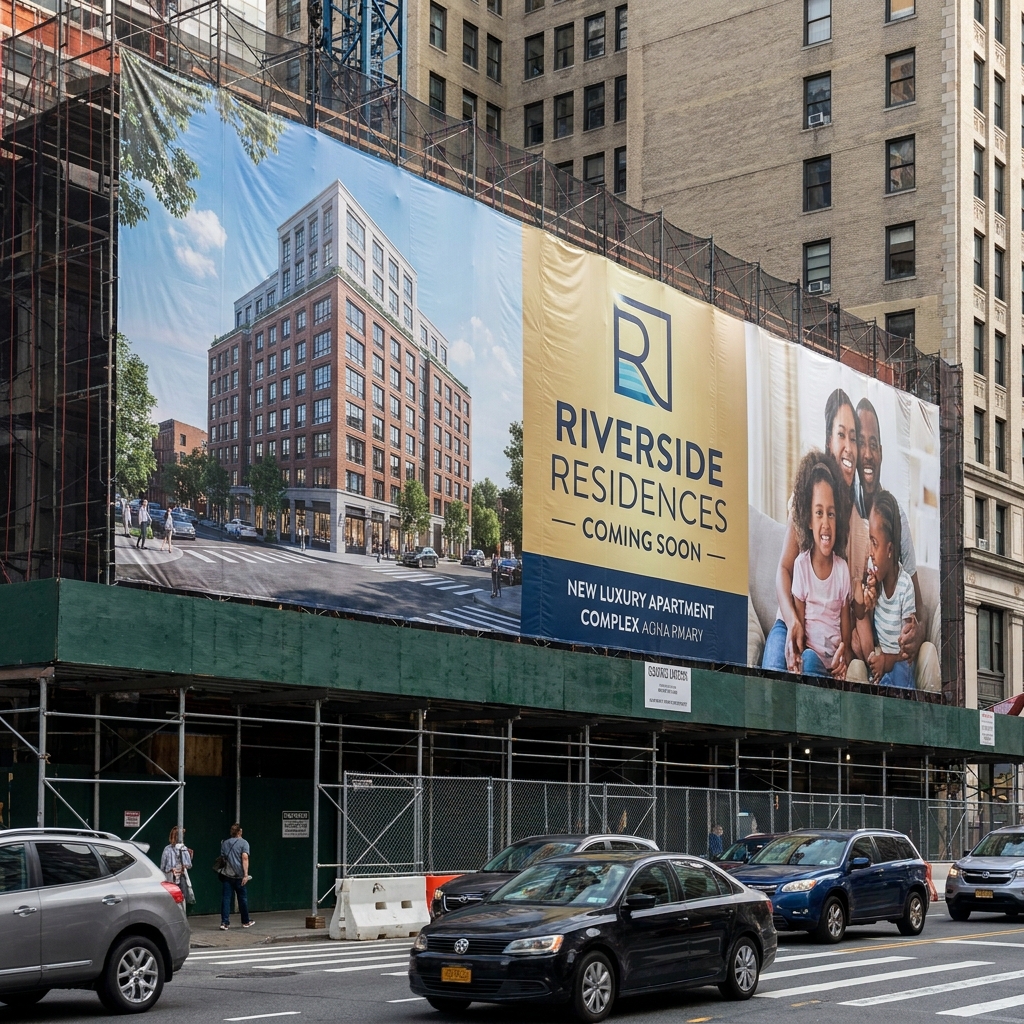 Large-scale hoarding prints on flex and vinyl for outdoor advertising and construction site branding