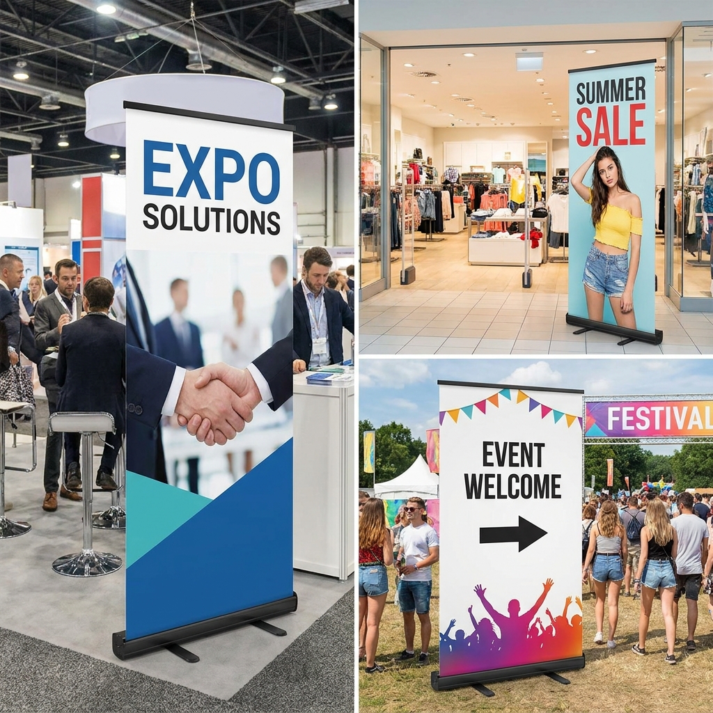 Retractable roll-up standee banners for exhibitions, retail displays and corporate events