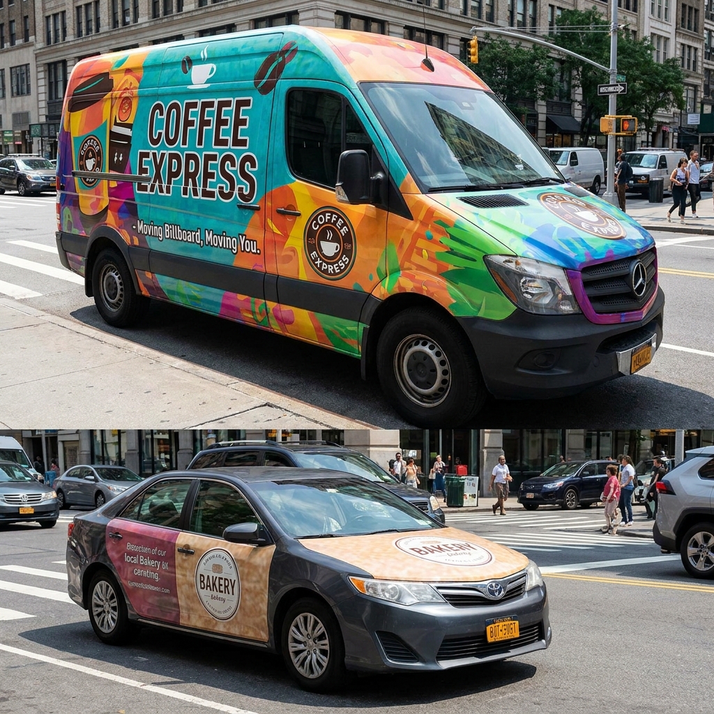 Full and partial vehicle wrap printing that transforms cars, vans and trucks into moving billboards