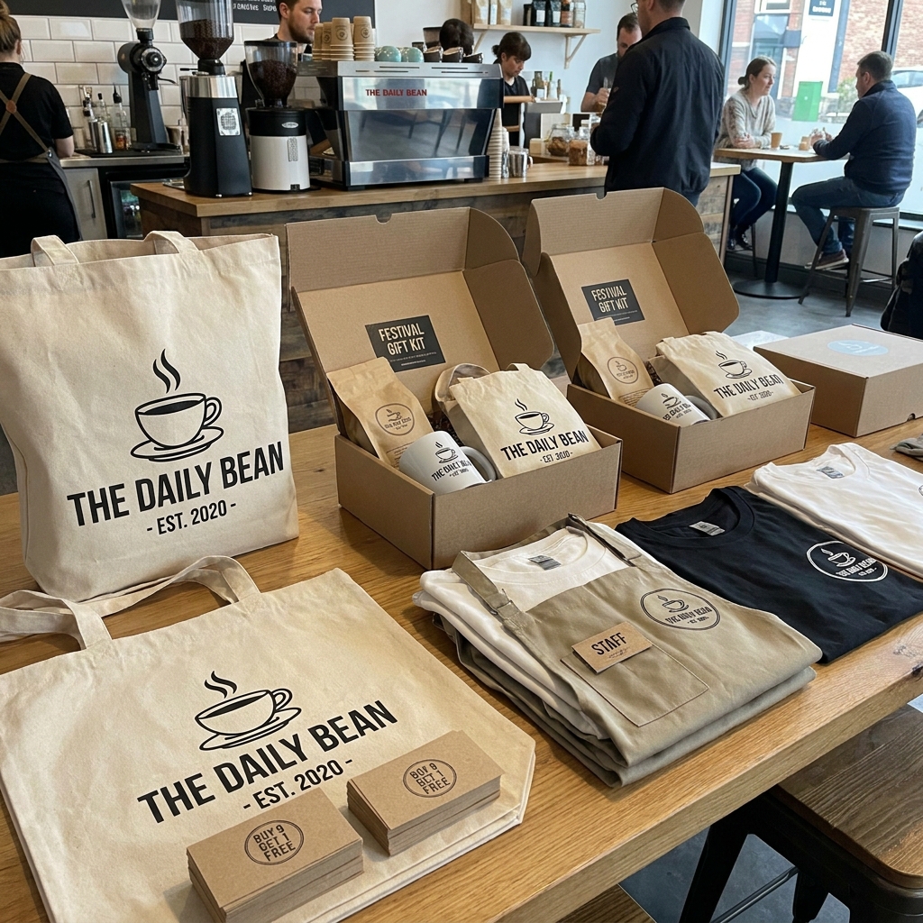 Branded cafe merchandise including tote bags and custom gifts for coffee shops and restaurants