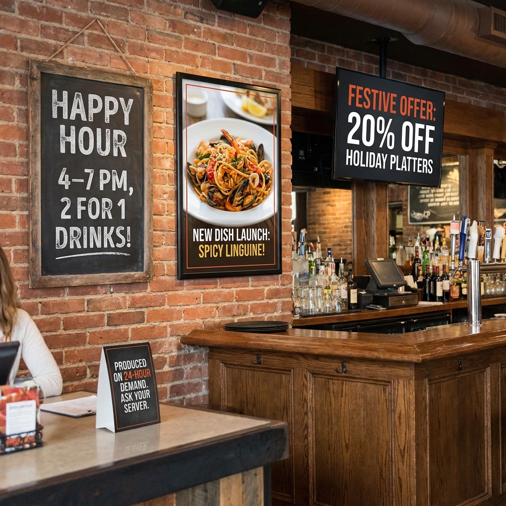 Promotional banners and posters for restaurant offers, events and seasonal campaigns