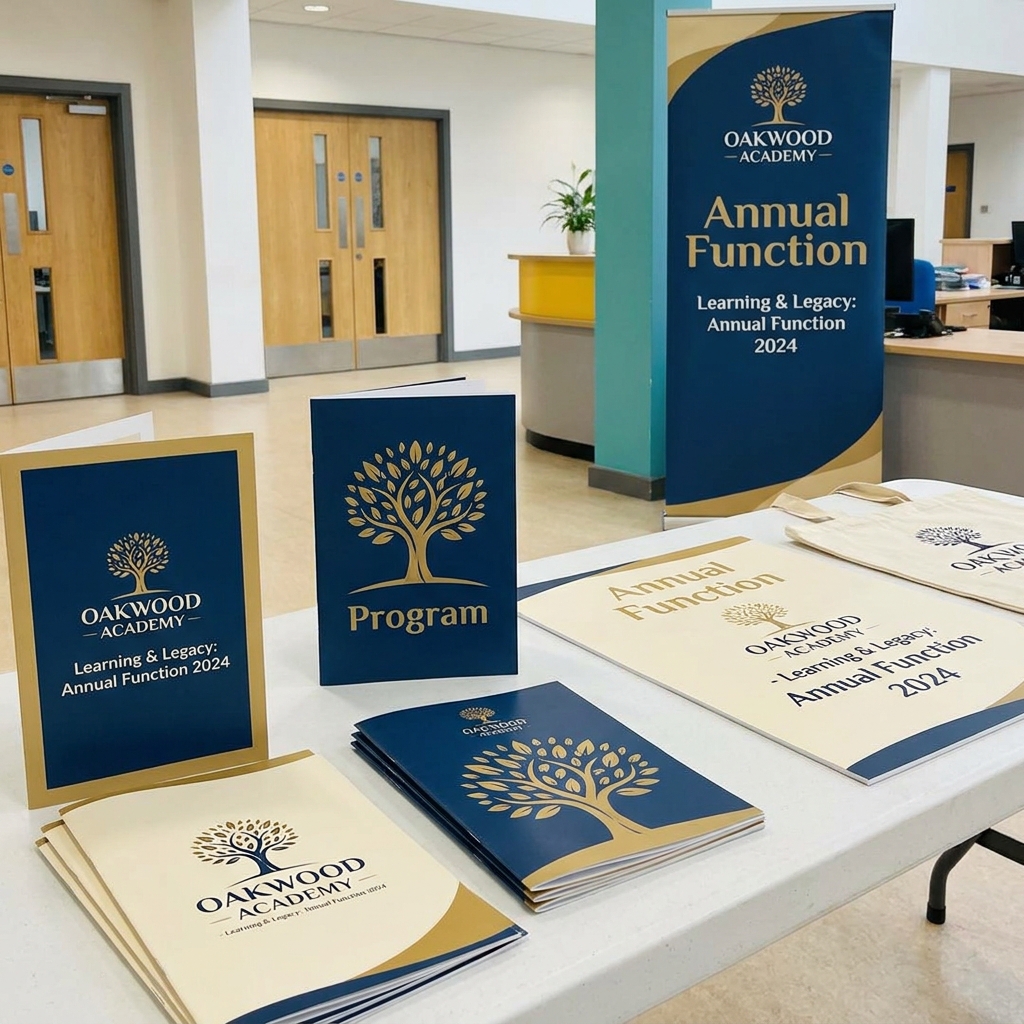 Branded stationery gift kits with program booklets, tote bags and standees for school annual functions