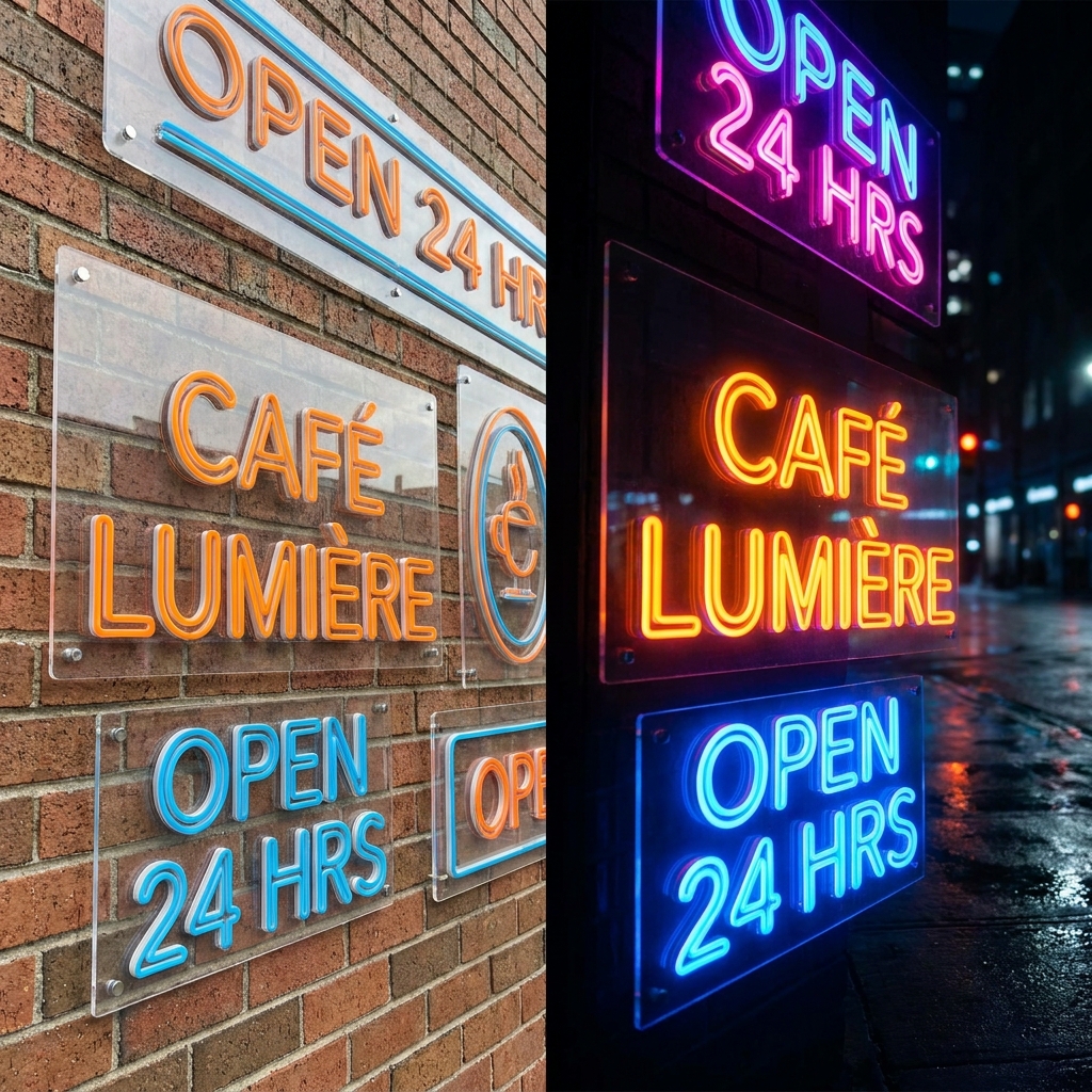Acrylic and neon-flex glow sign boards for shop fronts that stand out day and night