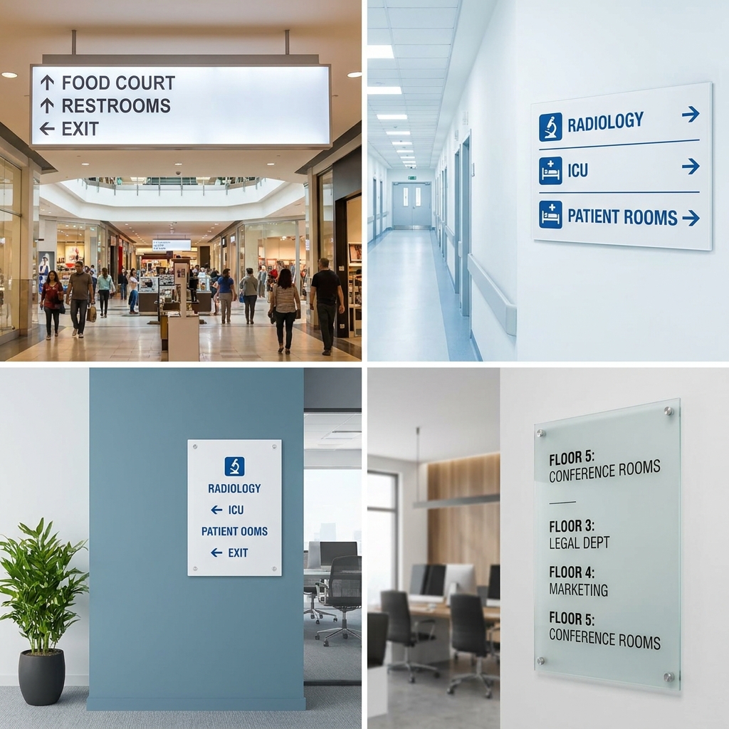 Wayfinding and directional signage systems for shopping malls, hospitals and corporate offices